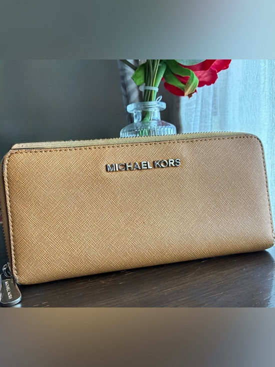 Michael Kors Handbags - Michael Kors Tan Saffiano Leather Zip Wallet